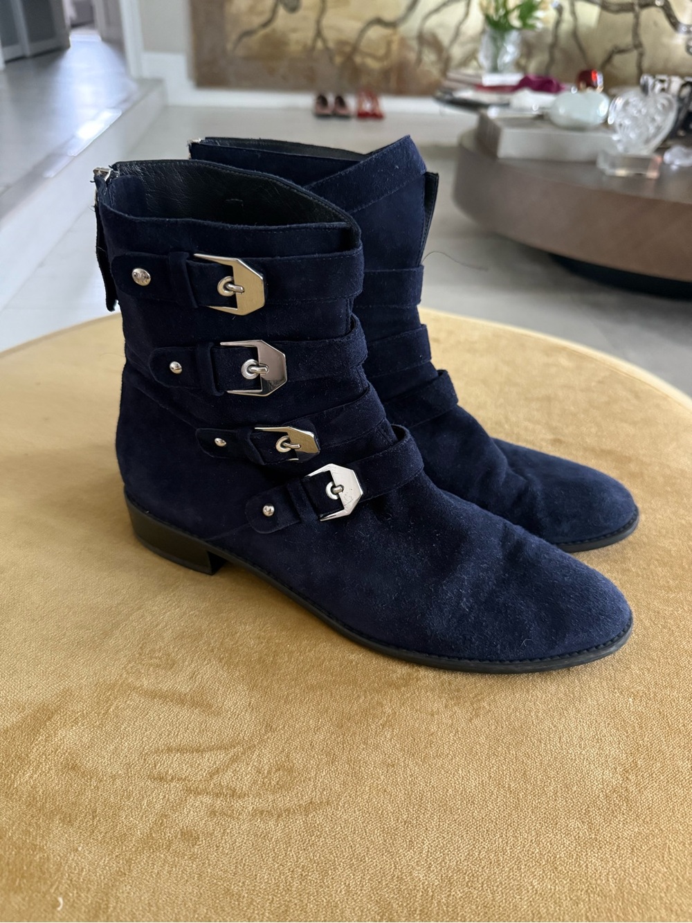 Stuart Weitzman Navy Suede Multi-Buckle Ankle Boots